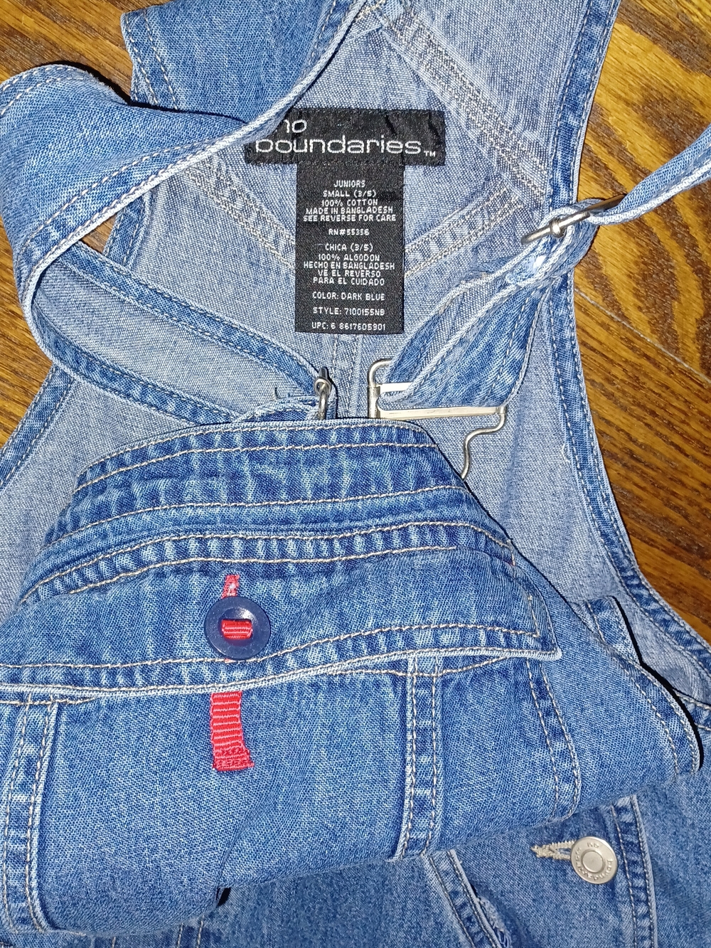 No Boundaries Dark Blue Denim Overalls with Red Accent
